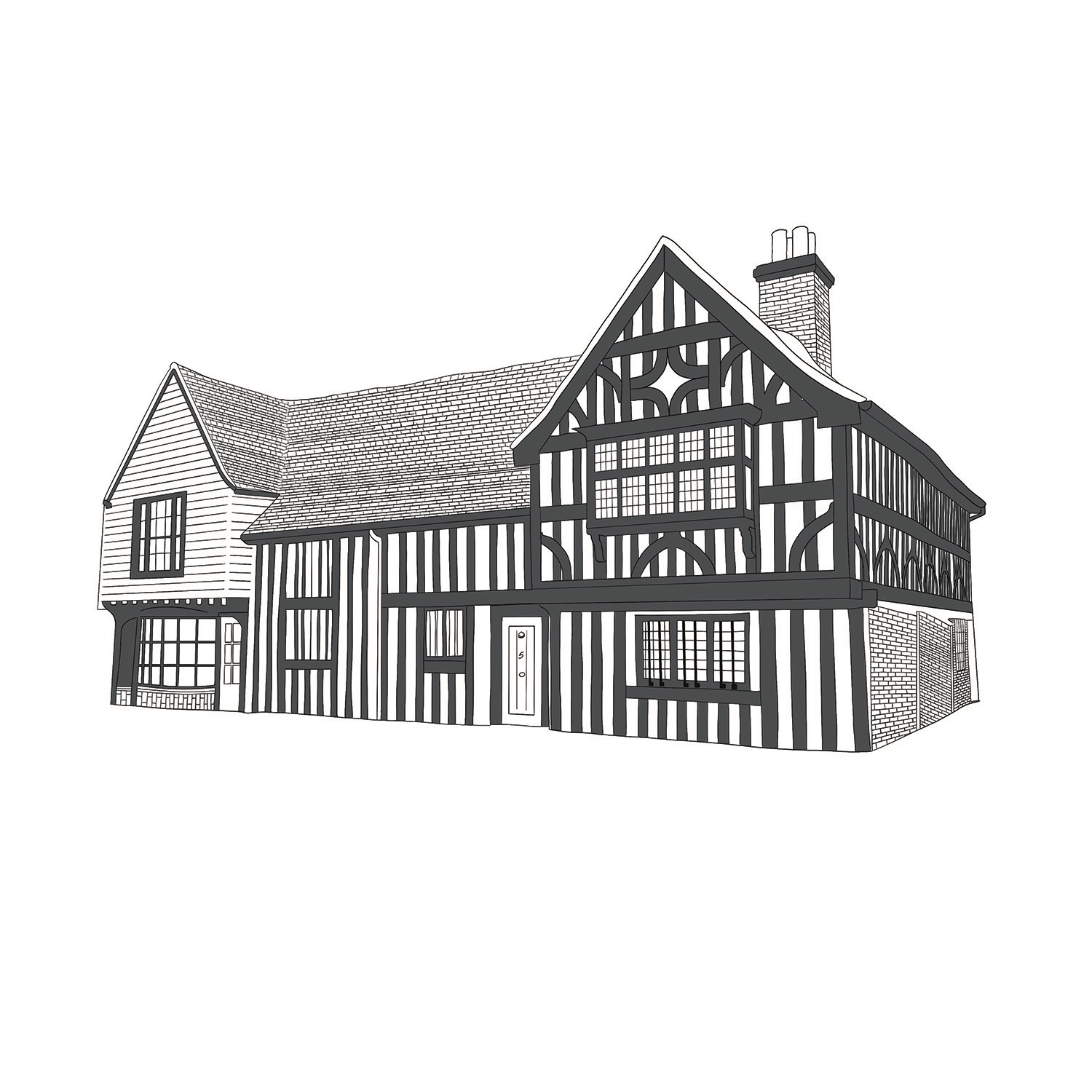 Line illustration of a Tudor house